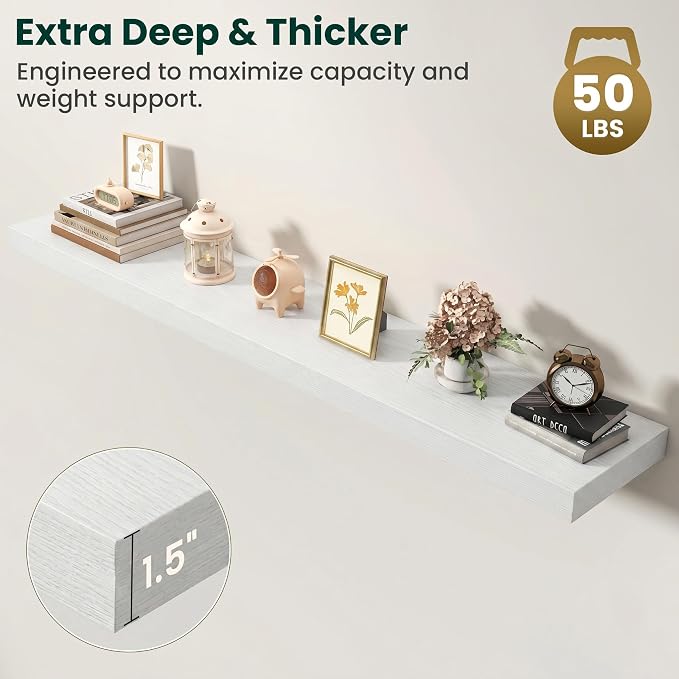 Floating Shelves for Wall, 55 Inch x 8 Inch Deep Wall Mounted Wood Shelf with Invisible Brackets for Storage & Display, Living Room Bedroom Kitchen, White, Set of 2