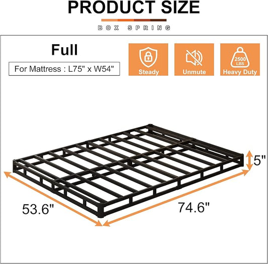 EMODA 5 Inch Box Spring Full Size Bed Base, 3000 LBS Heavy Duty Metal Mattress Foundation with Fabric Cover, Easy Assembly, Black
