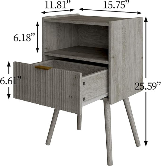 Veegle Nightstand,Modern Bedside Table with Storage Drawer and Open Wood Shelf, Accent Night Stand with Solid Wood Legs for Living Room, Bedroom and Small Spaces,Easy Assembly (Grey Oak)