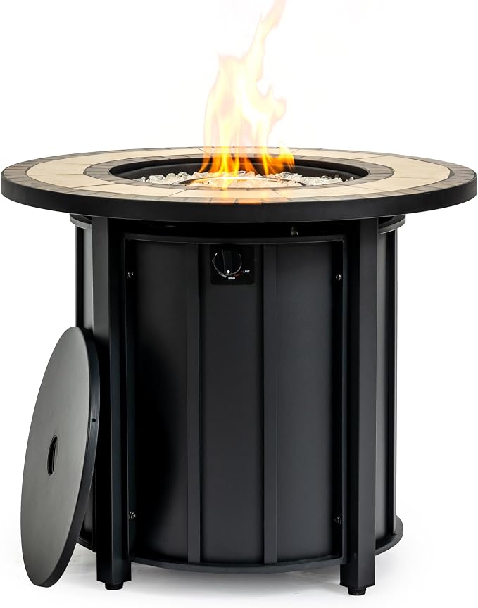30" Propane Gas Fire Pit Table, 50000 BTU Round Outdoor Fire Pit with Mosaic Ceramic Tabletop, Steel Patio Fire Table with Lid & Rain Cover for Backyard Deck Garden, Black