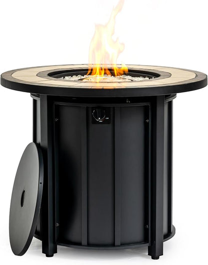 30" Propane Gas Fire Pit Table, 50000 BTU Round Outdoor Fire Pit with Mosaic Ceramic Tabletop, Steel Patio Fire Table with Lid & Rain Cover for Backyard Deck Garden, Black
