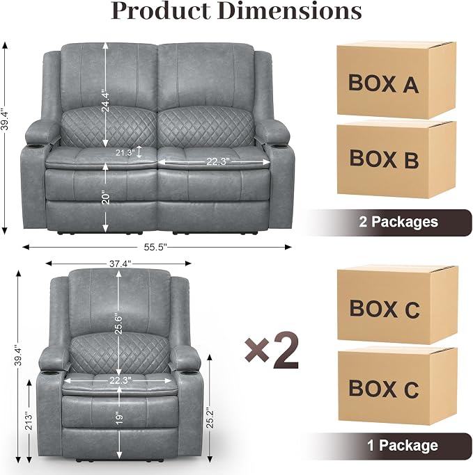 Yolsali Loveseat Recliner Sofa Set with 2-Tier Cushion, 2+1+1 Pieces in Living Room, 2 Seater Reclining Loveseat Leather with Removable Console, 2 Oversize Recliner Chair Sofa Seat - Gray PU