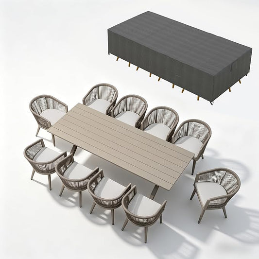 PURPLE LEAF Outdoor Dining Set with Waterproof Furniture Cover 11-Piece All-Weather Patio Set for 10 with Champagne Aluminum Table Rope Weave Chairs and Cushions, Champagne