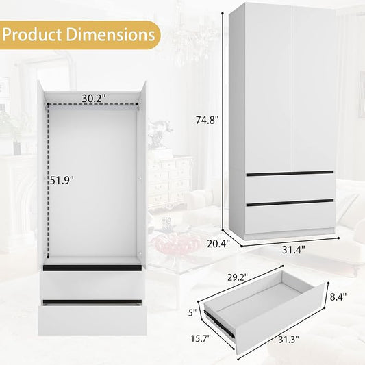 White Wardrobe Closet with Doors: 75" Large Capacity Bedroom Armoire, Wooden Cabinet with 6 Drawers, Hanging Storage Shelves with Hanging Rod (Contemporary, 3)