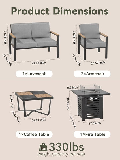 5-Piece Patio Furniture Set with Fire Pit Table & Coffee Table & Removable Washable Cushions, All-Weather Metal Frame and Wood-Like Armrests for Porch, Garden, Balcony,Grey