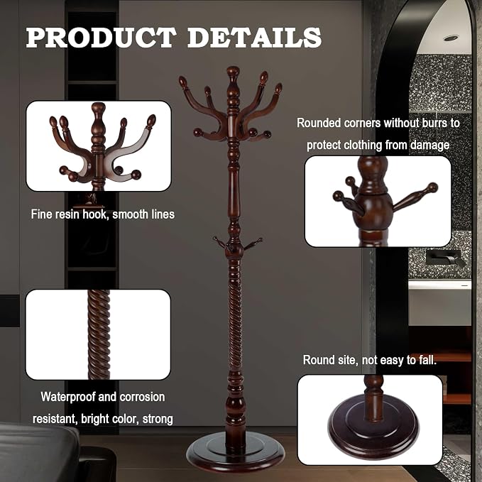 Coat Racks FreeStanding with 11 Hooks, Natural Wood Coat Rack with Solid Round Base, Adjustable Height Coat Racks, Easy Assembly for Hallway, Bedroom and Office (Walnut-Solid Round Base)