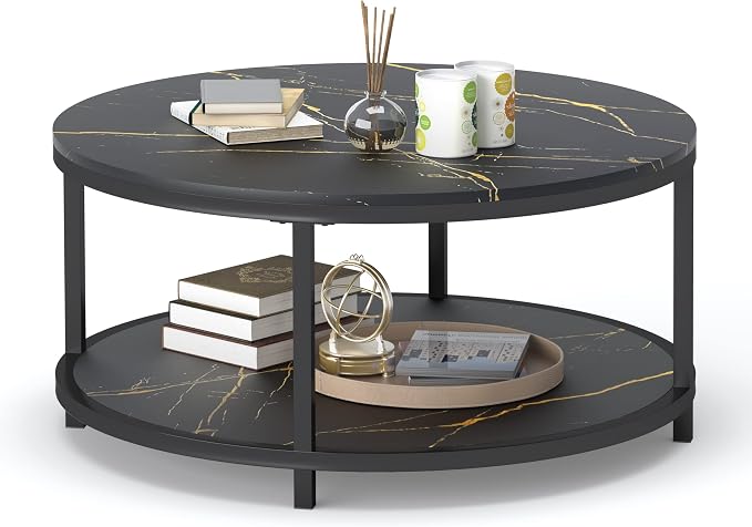 WiberWi Round Coffee Table Black Coffee Tables for Living Room 35.8" Faux Marble Top Circle Table Furniture Sturdy Metal Frame Legs Cocktail Table with Storage Open Shelf