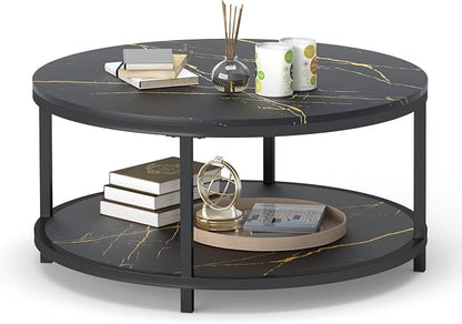 WiberWi Round Coffee Table Black Coffee Tables for Living Room 35.8" Faux Marble Top Circle Table Furniture Sturdy Metal Frame Legs Cocktail Table with Storage Open Shelf