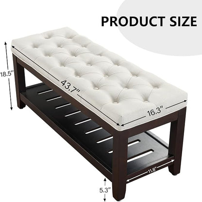 adochr Linen Large Rectangular Ottoman with Storage, Upholstered Entryway Bench for Living Room, Oversized Button Tufted Ottoman with Wood Shelf Storage, Beige