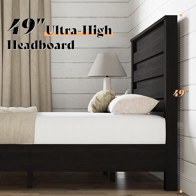 AMERLIFE 2-Piece Farmhouse Bedroom Set, Queen Size Bed Frame and 6 Drawer Dresser, Platform Bed with 49" Fluted Headboard, 54" Wide Wood Chest of Drawer for Bedroom, Black