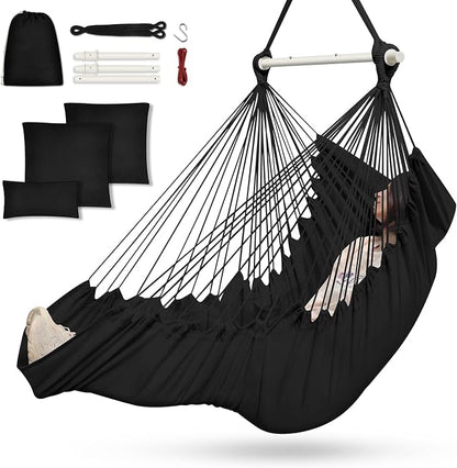 Outerman Hammock Chair, Hanging Chair with 3 Cushions and Foot Rest Support, Durable Metal Spreader Bar Max 500Lbs, Swing Chair for Bedroom, Indoor & Outdoor, Patio, Porch or Tree（Black）…
