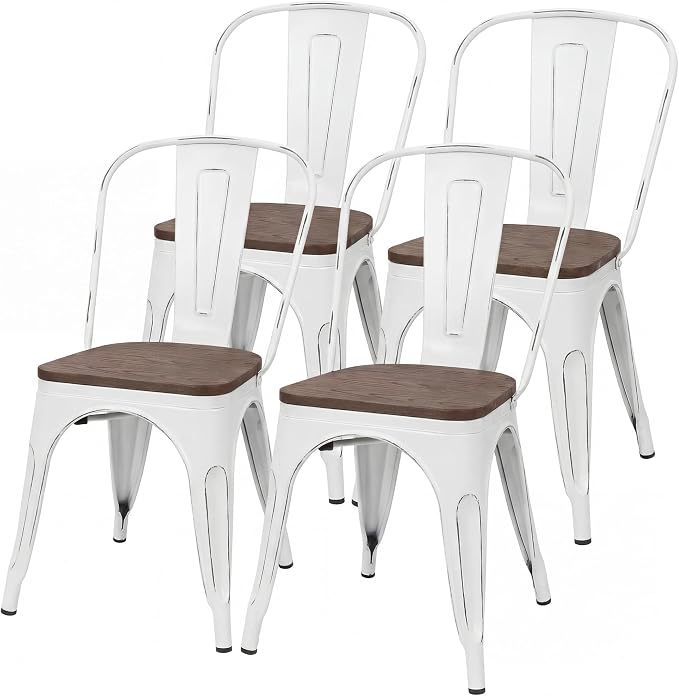 JUMMICO Metal Dining Chair Stackable Industrial Vintage Kitchen Chairs Indoor-Outdoor Bistro Cafe Side Chairs with Back and Wooden Seat Set of 4 (White)