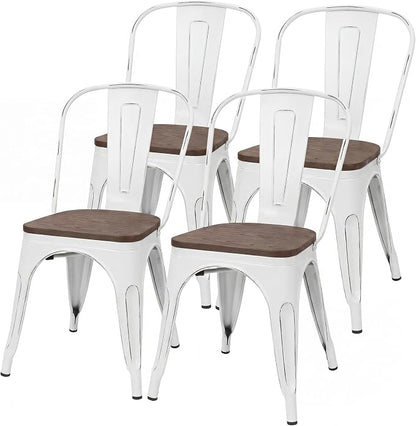 JUMMICO Metal Dining Chair Stackable Industrial Vintage Kitchen Chairs Indoor-Outdoor Bistro Cafe Side Chairs with Back and Wooden Seat Set of 4 (White)