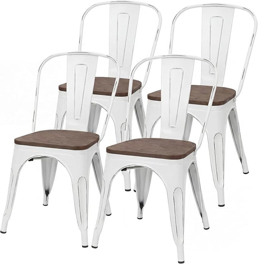 JUMMICO Metal Dining Chair Stackable Industrial Vintage Kitchen Chairs Indoor-Outdoor Bistro Cafe Side Chairs with Back and Wooden Seat Set of 4 (White)