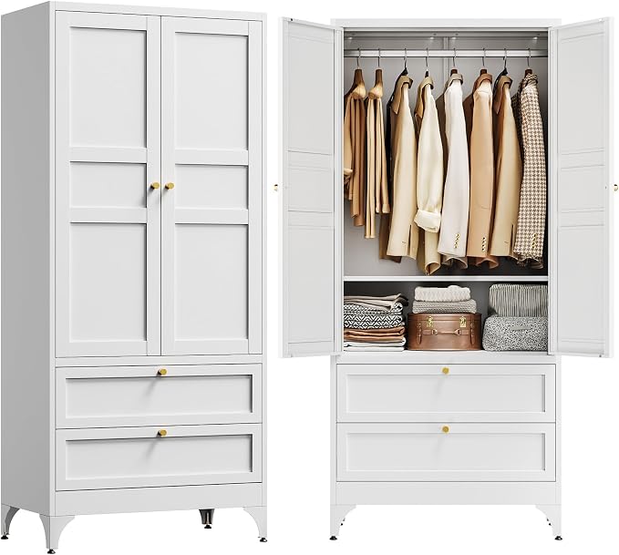 Letaya 71" Metal Wardrobe Cabinets with 2 Drawers,Steel Armoire Wardrobe Closet with Doors and Shelves,Clothing Storage Cabinets with Hanging Rod for Bedroom, Gym, Cloak Room,White