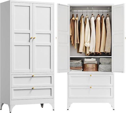 Letaya 71" Metal Wardrobe Cabinets with 2 Drawers,Steel Armoire Wardrobe Closet with Doors and Shelves,Clothing Storage Cabinets with Hanging Rod for Bedroom, Gym, Cloak Room,White