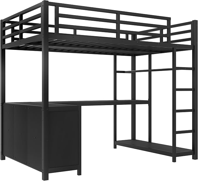 Bellemave Twin loft Bed with L Desk, Wardrobe, Metal Twin Loft Bed Frame for Adults, Kids, Teens, Black