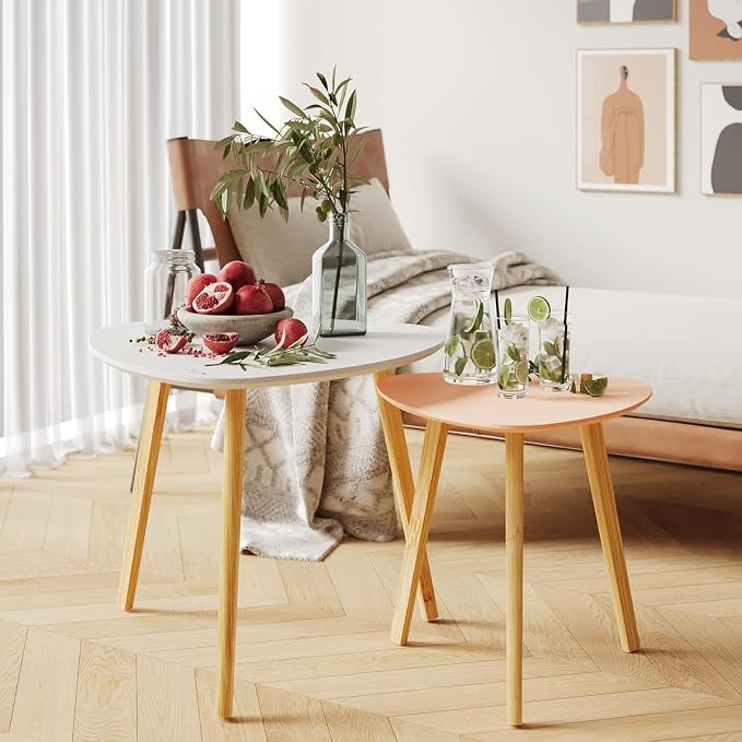 BAMEOS Bamboo Nesting Triangle End Table,Set of 2 SideTable Modern Minimalist Coffee Table for Living Room (White & Pink)