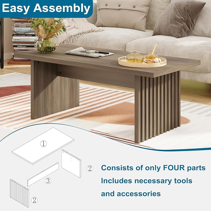 BON AUGURE 43 Inch Coffee Table, Fluted Wood Living Room Tables, Rectangle Gray Coffee Tables for Living Room, Grey Center Table for Home, Office (Greige Oak)