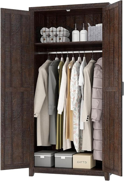 LUXOAK 70" Large Armoire Wardrobe Closet Set of 2 with Hanging Rod, Farmhouse Clothing Storage Cabinet with 4 Barn Doors, Wooden Tall Bedroom Armoires with Shelf, Espresso