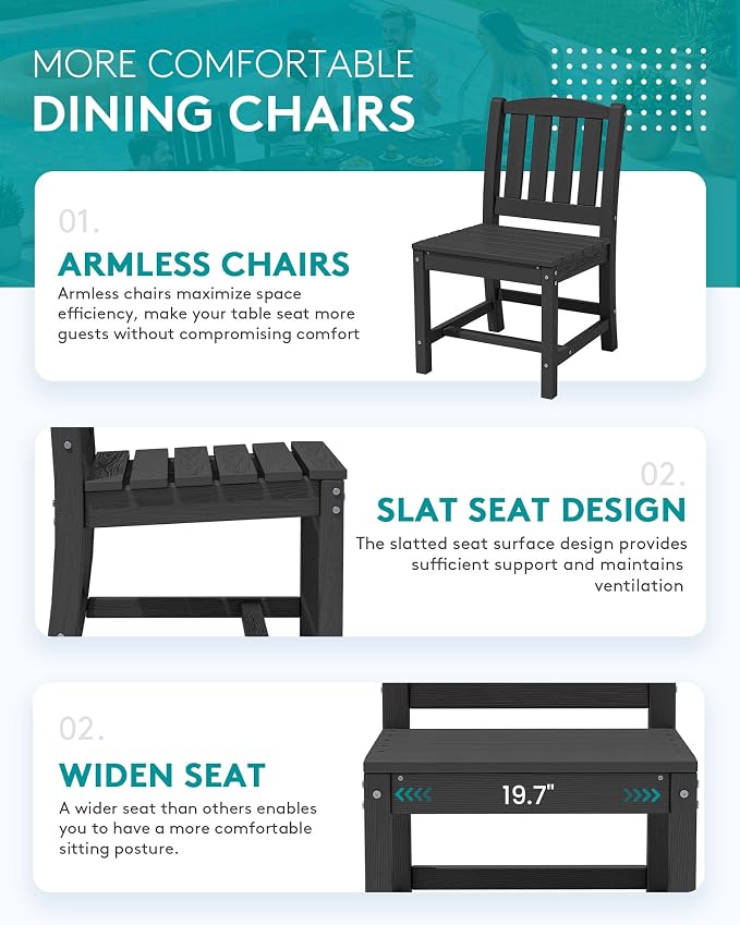SERWALL Outdoor Patio Dining Set for 6, Black | 60" - 83" Expandable Outdoor Dining Table and 6 HDPE Chairs, All Weather Material Outdoor Furniture Set Backyard, Garden
