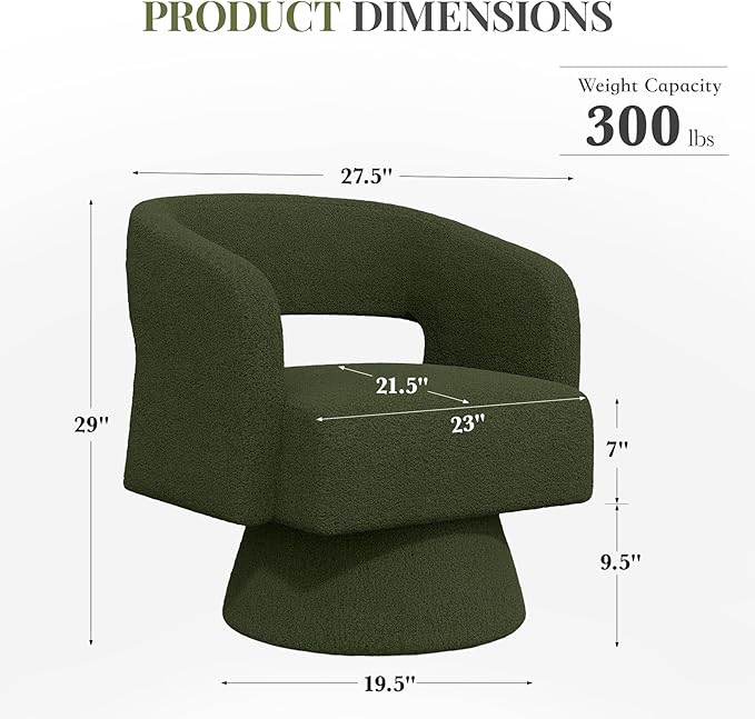 Luxanimarion Swivel Barrel Accent Chair Set of 2,Oversized Teddy Upholstered Round Swivel Chairs,Modern Luxury 360 Degree Living Room Vanity Chair for Bedroom Office,Green,2PCS
