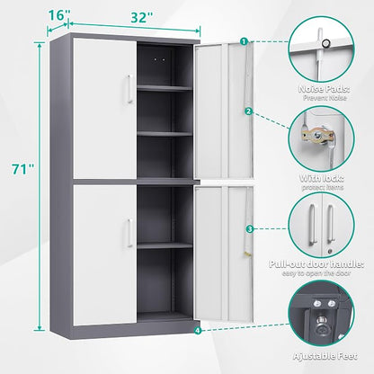 SISESOL Storage Cabinets With Doors And Shelves, 71'' Metal Garage Cabinet Locking, Adjustable Layers For Home Gym, bathroom, kitchen, office, Gray White
