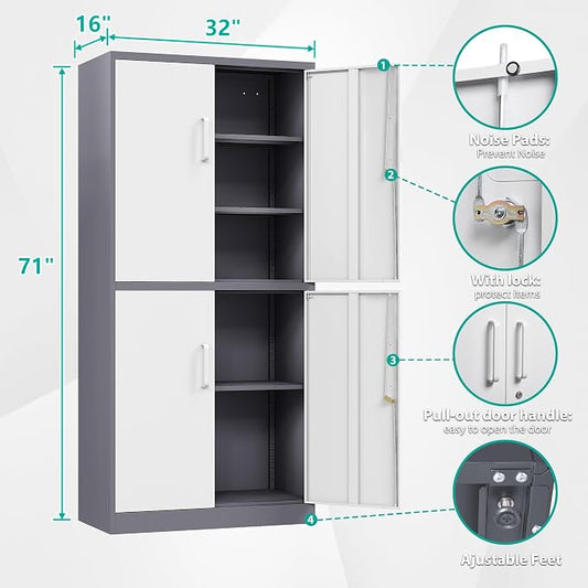 SISESOL Storage Cabinets With Doors And Shelves, 71'' Metal Garage Cabinet Locking, Adjustable Layers For Home Gym, bathroom, kitchen, office, Gray White