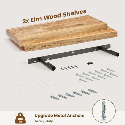 Live Edge Floating Shelves for Wall Decor, Solid Elm Wood Floating Shelves Wall Mounted, Rustic Wall Shelves with Invisible Bracket for Living Room Bathroom Bedroom Kitchen, 24 Inch Set of 2, Natural