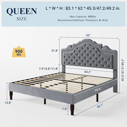 Allewie Queen Size Bed Frame with Adjustable Velvet Tiara Headboard, Upholstered Diamond Button Tufted Platform Bed, Wood Slats Support, No Box Spring Needed, Light Grey