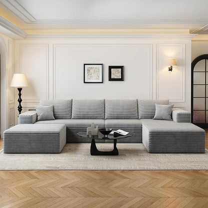 135.4" Cloud Modular Sectional Couch with 1 Ottoman,Modern Minimalist Upholstered Couches, Comfort U Shaped Sofa for Living Room,Deep Seat Corner Couch，No Assembly Required (Grey,Right Facing Chaise)