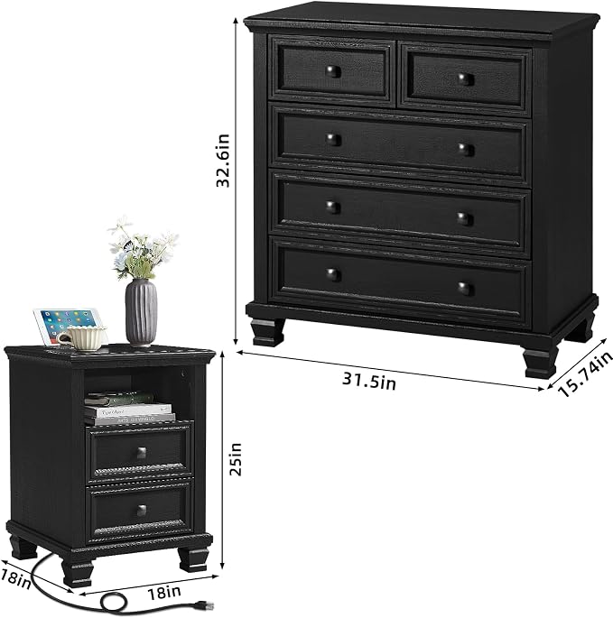 SAVOR LIFE Farmhouse Dresser and Nightstand Sets of 3, 5 Drawer Dresser & 2 Drawer Nightstand, Rustic Black Bedroom Furniture Set for Home, Bedroom, Hallway, Black