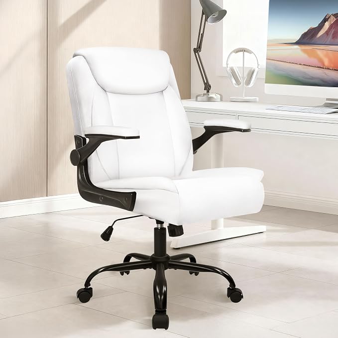 NEO CHAIR Desk Office Gaming Computer Chair Ergonomic Executive Mid-Back Leather with Adjustable Padded Flip-Up Armrests Cushion Wheels Swivel for Home Study Task (White)