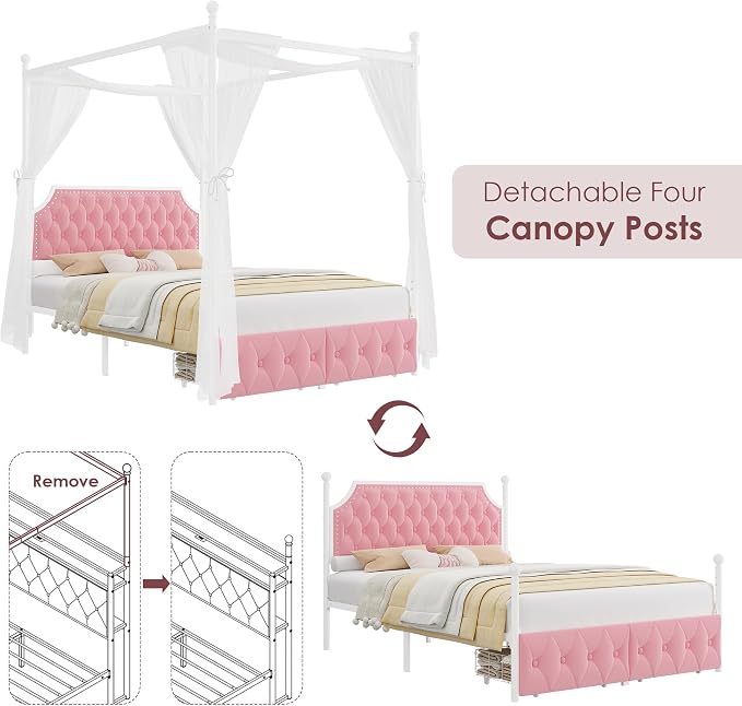 Keyluv Full Upholstered Canopy Bed Frame with 2 Storage Drawers & Button Tufted Headboard, Metal Platform Bed with 4 Removable Posts, Two-Purpose Velvet Bed, Pink/Curtain Not Included