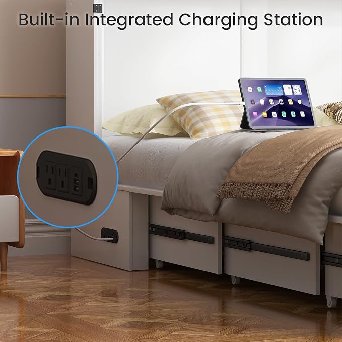 PUREMIND Queen Murphy Bed Cabinet, Multi-Functional Hideaway Cabinet Bed with Storage Drawer, USB Charging Ports and Folding Bedside Panel, Space Saving Chest Beds Wallbed for Guest Room, No Mattress