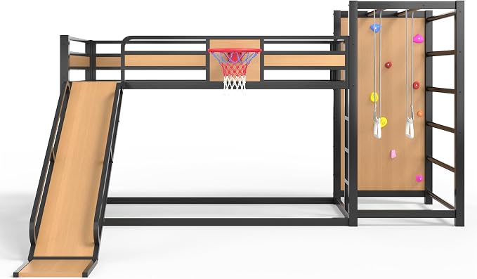 Harper & Bright Designs Heavy Duty Metal Bunk Bed with Slide and Basketball Hoop, Twin XL Size Bunk Bed with Bookshelf and Pull-up Rings for Bedroom, Black+Yellow