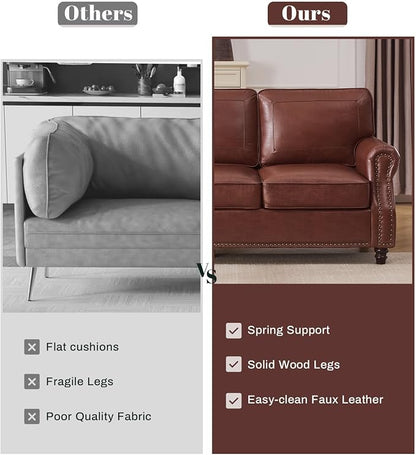 Kingfun Small Leather Loveseat, 57.9" Mid Century Modern Leather Couch for Living Room, Bedroom, Office, Love seat Sofas, Mini Sofa with Rolled Arms and Nailhead Trim, Dark Coffee