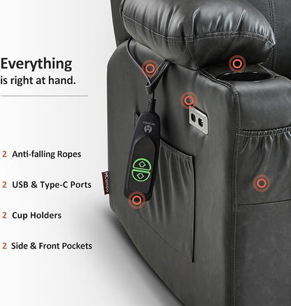 MCombo Large Power Lift Recliner Chair for Elderly, Lift Chair with Heat and Massage for Tall People, Extended Footrest, USB & Type C Ports, Cup Holders, Faux Leather 7516 (Large, Grey)