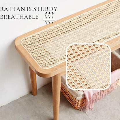 47’’-63’’ 100% Oak Extendable Dining Table and Bench Set for 2, Solid Wood Folding Kitchen Table, Mid Century Modern Dinner Table for Kitchen, Living Room, Natural (47''-63''+39''Rattan Bench)