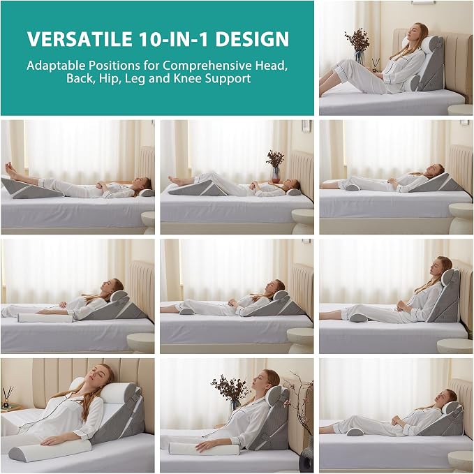 Adjustable 4pcs Bed Wedge Pillow Set, Memory Foam Wedge Pillows Post Surgery for Back, Neck, Leg Pain Relief, Pillow Wedge for Sleeping, Sitting up in Bed, Acid Reflux and GERD, White/Grey