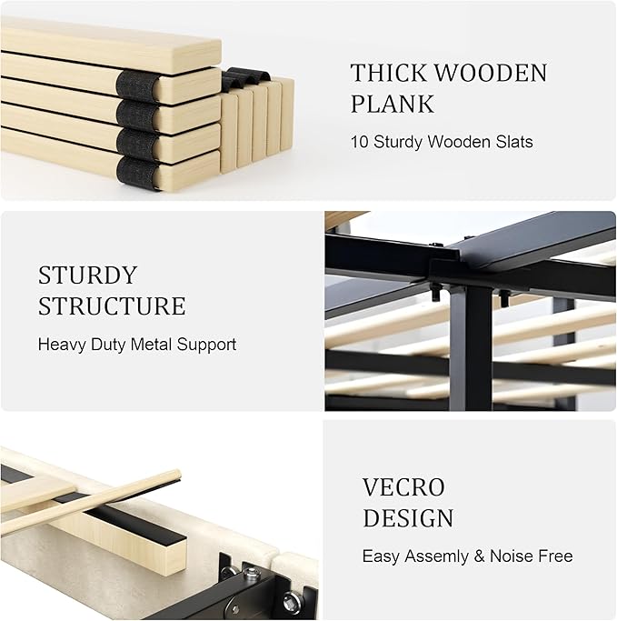 Sismplly Queen Size Platform Bed Frame with Upholstered Headboard, Wooden Slats Support, Noise Free, No Box Spring Needed, Easy Assembly, Beige, Velvet
