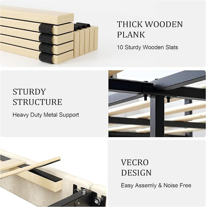 Sismplly Full Size Platform Bed Frame with Upholstered Headboard, Wooden Slats Support, Noise Free, No Box Spring Needed, Easy Assembly, Beige, Velvet