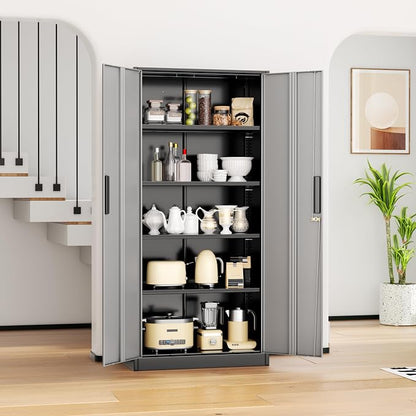 INTERGREAT Metal Lockable Storage Cabinet, 72” Storage Cabinet with 2 Doors and 4 Adjustable Shelves for Office, Home, Garage, Pantry (Assembly Required, Black Gray)