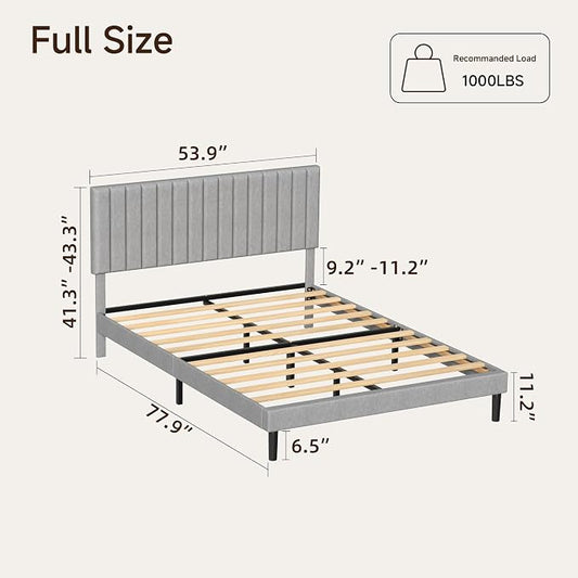 Full Size Platform Bed Frame with Vertical Channel Tufted Headboard, No Box Spring Needed, Noise-Free, Easy Assembly, Light Grey Linen