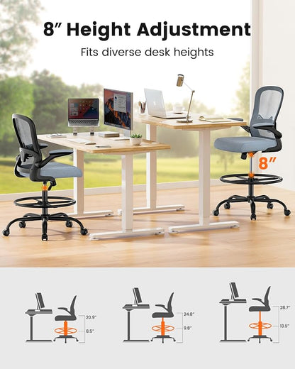 ErGear Drafting Chair,Tall Office Chair with Flip-Up Armrests, High Desk Chair Adjustable Height and Adjustable Footrest Ring, Ergonomic Standing Desk Chair with Lumbar Support, Blue,10 Pack