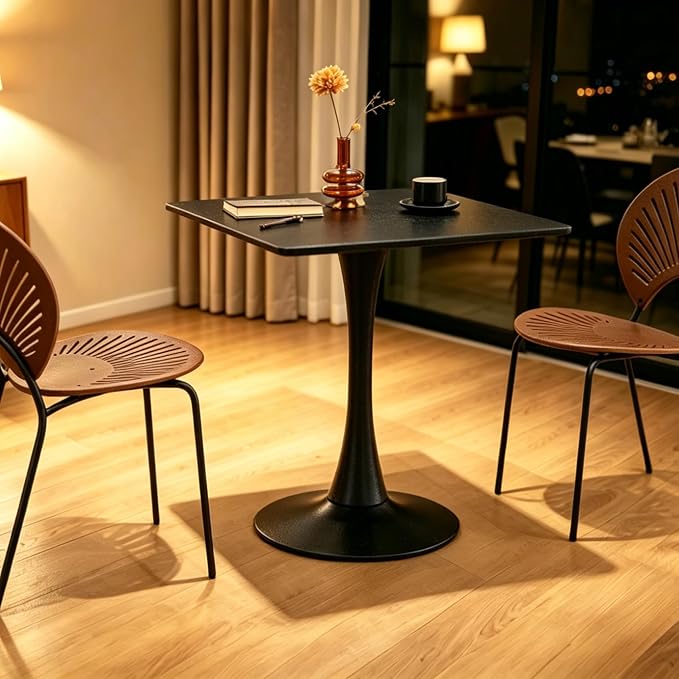 Square Dining Table, 27.6" Tulip Table with Thickened Tabletop & Metal Pedestal, Mid Century Modern Bistro Table for Kitchen, Small Places, Living Room, Cafe (Black)
