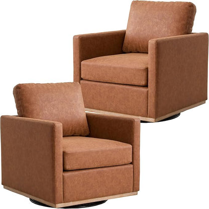 Swivel Accent Chair Set of 2, 360 Degree Square Swivel Chair for Living Room, Mid Century Modern Upholstered Barrel Chair,Comfy Sofa Armchairs for Bedroom,Nursery,PU Leather, Brown