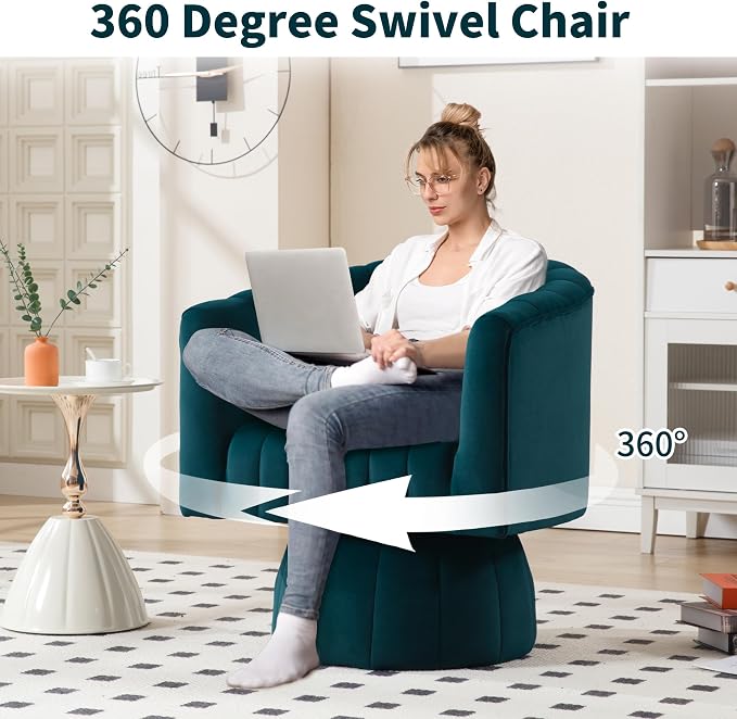 Swivel Accent Barrel Chair - Cute Comfy Small Round 360° Arm Chair Velvet Sofa Club Reading Chair for Living Room Bedroom Office Green