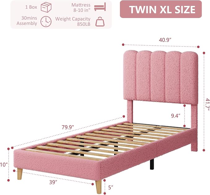 GarveeHome Twin XL Bed Frame, Upholstered Platform Bed with Wave Headboard for Girls/Kids, Easy Assembly, Wooden Slats Support, No Box Spring Needed, Boucle Pink