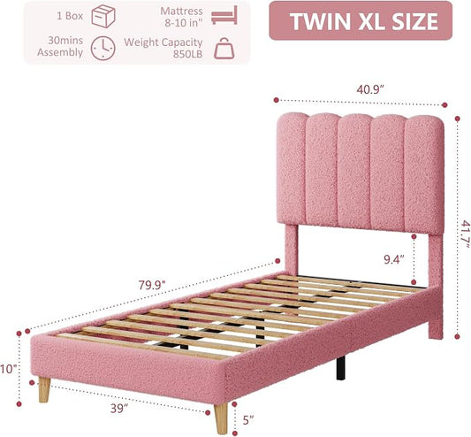 GarveeHome Twin XL Bed Frame, Upholstered Platform Bed with Wave Headboard for Girls/Kids, Easy Assembly, Wooden Slats Support, No Box Spring Needed, Boucle Pink
